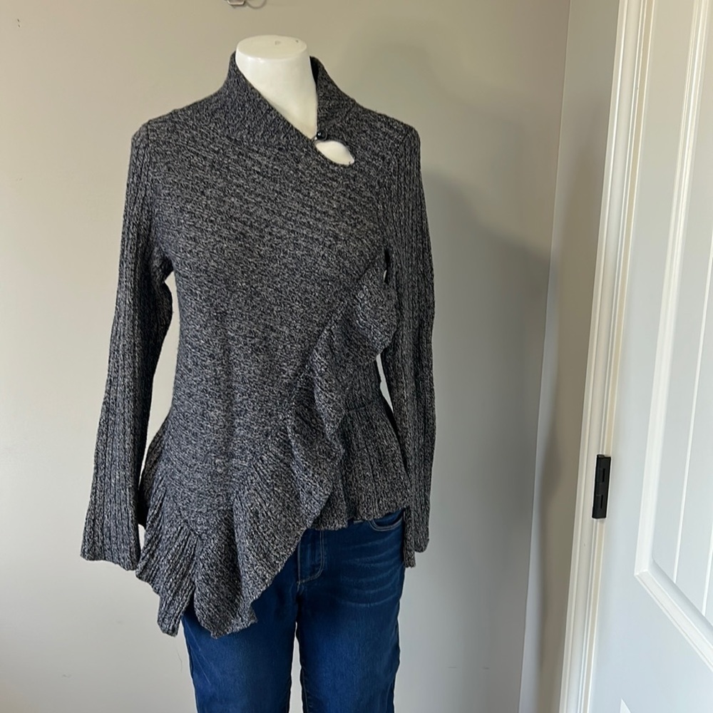 Anthro Knitted & Knotted Merino Wool Ruffle Sweater Navy White Marled Top S